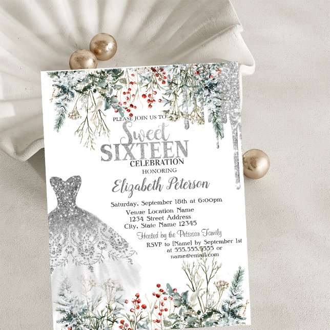 Invitación Destellos de plata que gotean, vestido de flores d (Subido por el creador)