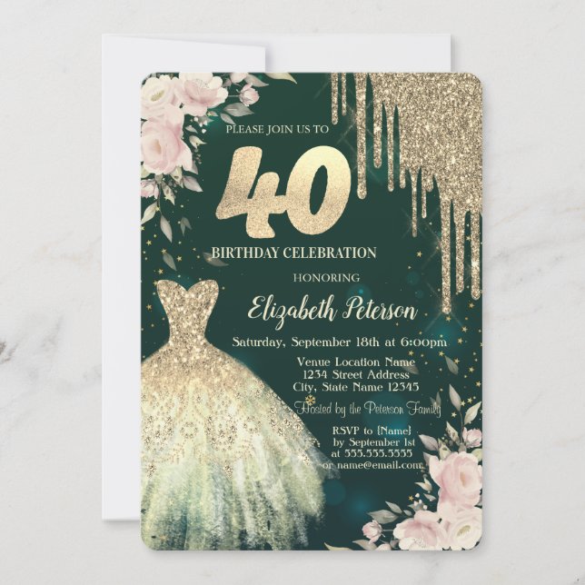 Invitación Destellos de purpurina dorada, vestido, cumpleaños (Anverso)