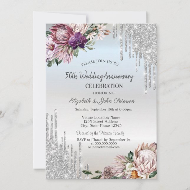 Invitación Destellos de purpurina, Flores Tropicales Boda de  (Anverso)