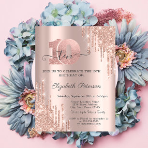Invitación Destellos de Rosa Dorado Cumpleaños 10 Rosa Dorado