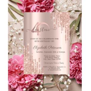 Invitación Destellos de Rosa Dorado Cumpleaños 40 en Rosa Dor