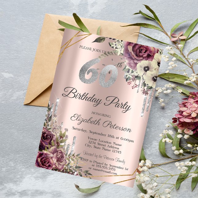 Invitación Destellos de Rosa Dorado Floral Cumpleaños 60 (Subido por el creador)