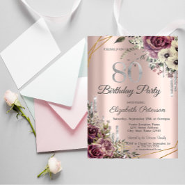 Invitación Destellos de Rosa Dorado Floral Cumpleaños 80