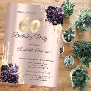 Invitación Destellos de Rosa Dorado Purpura Rosas 60 cumpleañ