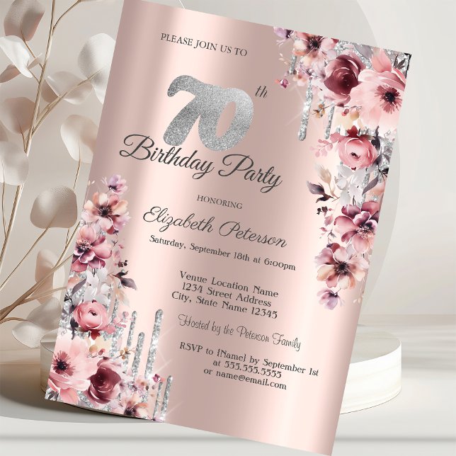 Invitación Destellos de Rosa Dorado Rosa Floral 70 Cumpleaños (Subido por el creador)
