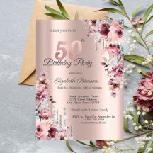 Destellos de Rosa Dorado Rosa Floral Cumpleaños 50