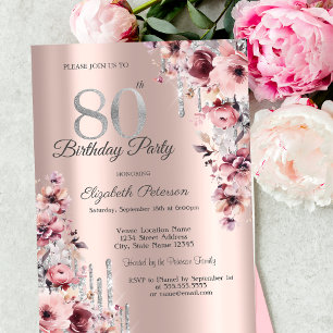 Invitación Destellos de Rosa Dorado Rosa Floral Cumpleaños 80