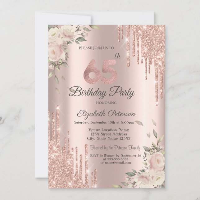 Invitación Destellos Elegantes, Flores Rosa Dorado Cumpleaños (Anverso)