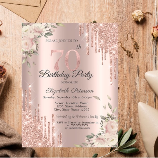 Invitación Destellos Elegantes, Flores Rosa Dorado Cumpleaños (Subido por el creador)
