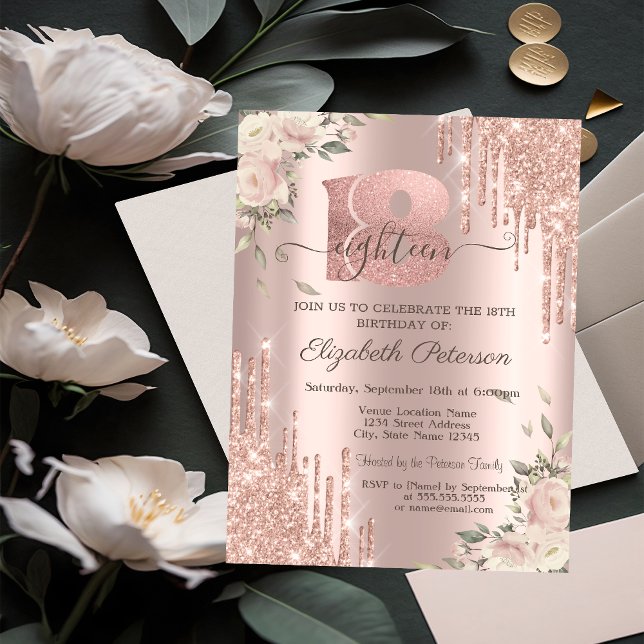 Invitación Destellos Elegantes, Flores Rosa Dorado Cumpleaños (Subido por el creador)