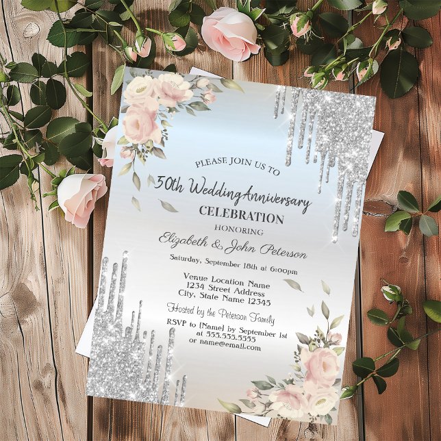 Invitación Destellos, Flores Plata  Boda Aniversario (Subido por el creador)