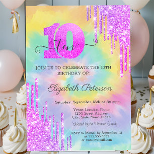 Invitación Destellos Geniales Goteos Tie Dye 10º Cumpleaños
