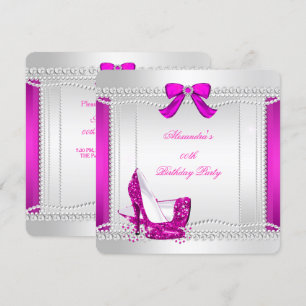 Invitación Destellos Glamour Tacones Altos Rosa Fuerte Perlas