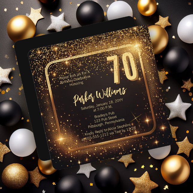 Invitación Destellos Glitzy | Estrellas Doradas Cumpleaños 70 (Glitzy Sparkles Black and Gold Tone Modern Elegant 70th Birthday Party Square Invitation )