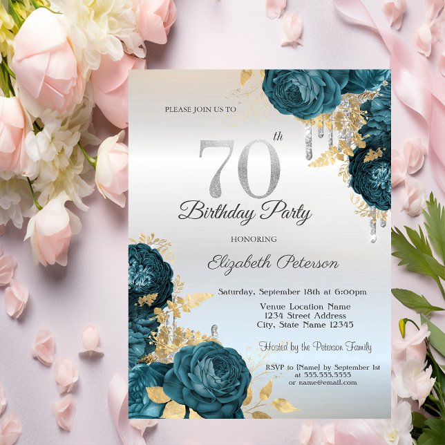 Invitación Destellos Gotean Flores Verdes Cumpleaños 70 Plate (Subido por el creador)