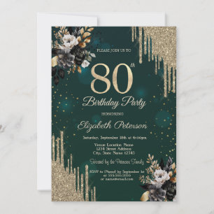 Invitación Destellos Gotean Rosas Negras Verdes 80 Cumpleaños