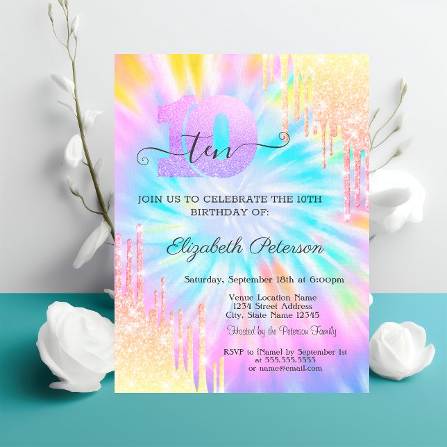 Invitación Destellos Goteo Tie Dye Cumpleaños 10 (Subido por el creador)