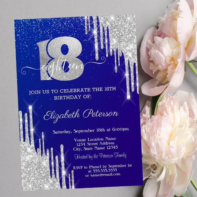 Invitación Destellos Modernos de Plata Azul Cumpleaños 18 (Subido por el creador)