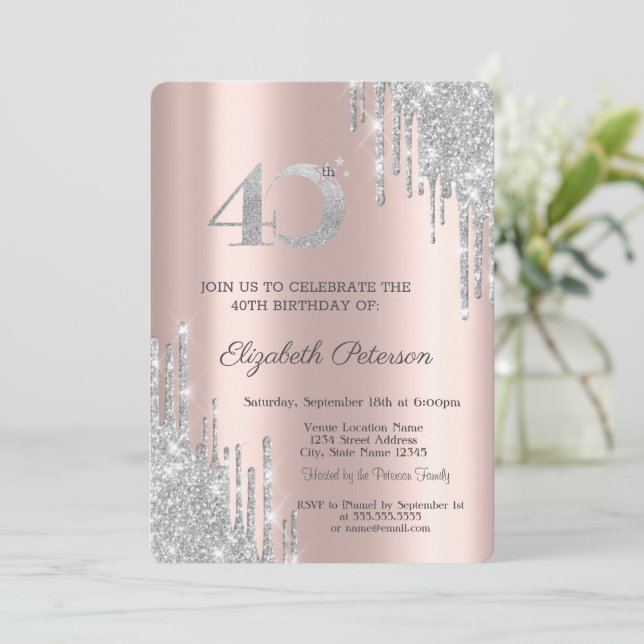 Invitación Destellos Modernos de Plata - Cumpleaños 40 (Anverso de pie)