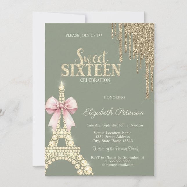 Invitación Destellos que caen, Arco de la Torre Eiffel Verde  (Anverso)