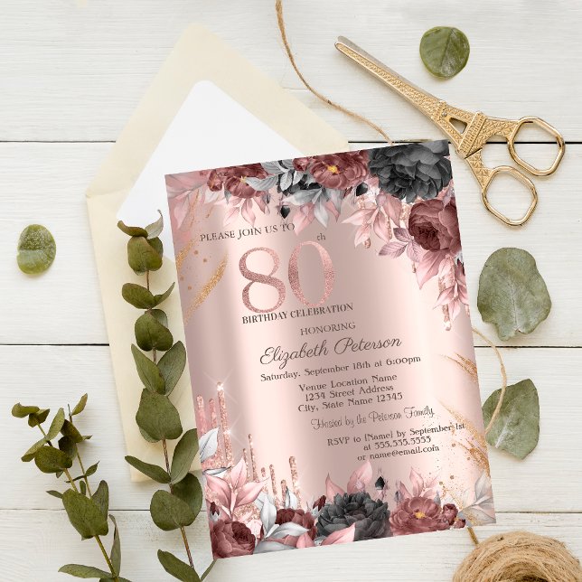 Invitación Destellos que Caen Chic Floral 80 Cumpleaños (Subido por el creador)