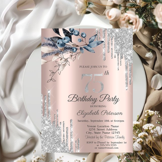 Invitación Destellos que Caen, Flores de Invierno  75 Cumplea (Subido por el creador)
