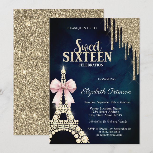 Invitación Destellos que caen, Torre Eiffel de lazo azul mari (Anverso / Reverso)
