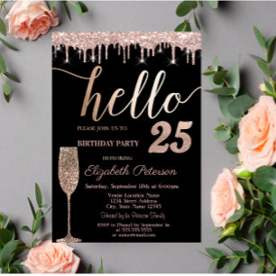 Invitación Destellos que gotean, Copa de vino Cumpleaños 25 F