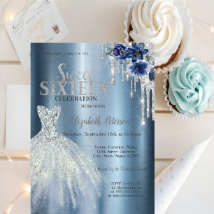 Invitación Destellos que gotean, flores de vestido azul metál