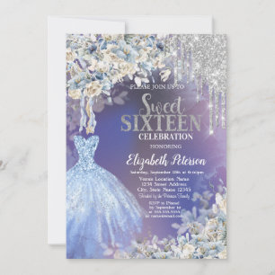 Invitación Destellos que gotean, flores de vestido azul Viole