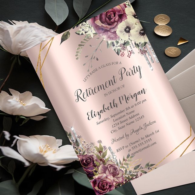 Invitación Destellos que gotean, Flores, Jubilación Rosa Dora (Subido por el creador)
