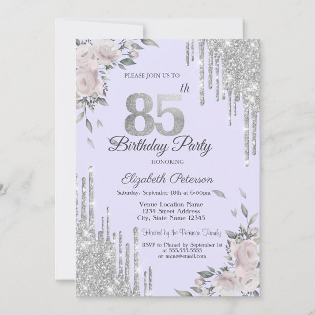 Invitación Destellos que Gotean, Flores Lavanda 85 Cumpleaños (Anverso)