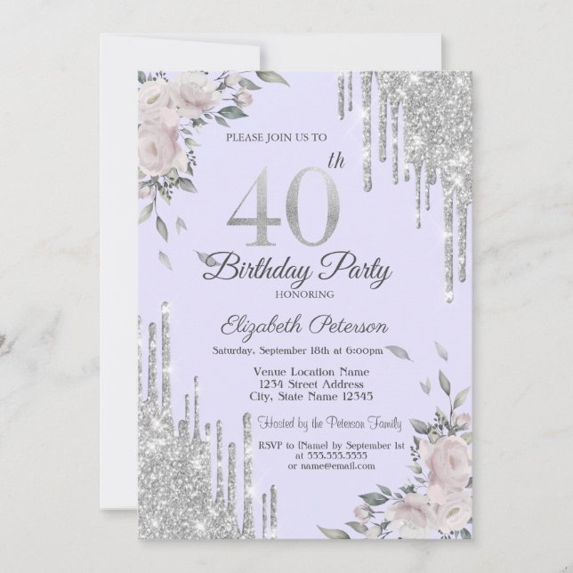 Invitación Destellos que Gotean, Flores Lavanda Cumpleaños 40 (Anverso)