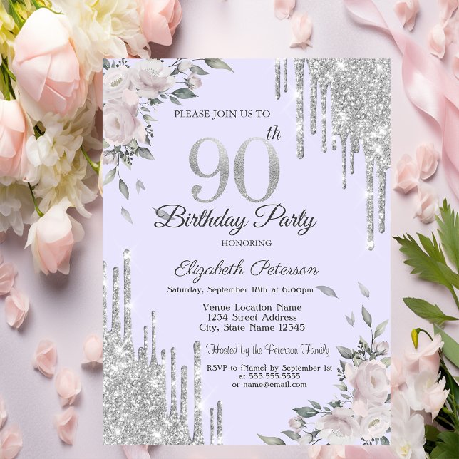 Invitación Destellos que Gotean, Flores Lavanda Cumpleaños 90 (Subido por el creador)