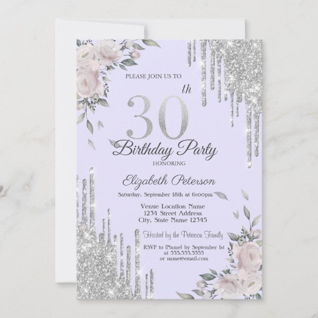 Invitación Destellos que gotean, Flores Moradas Cumpleaños 30 (Anverso)