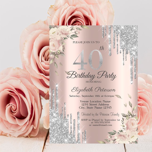 Invitación Destellos que Gotean, Flores Rosa Dorado Cumpleaño (Subido por el creador)