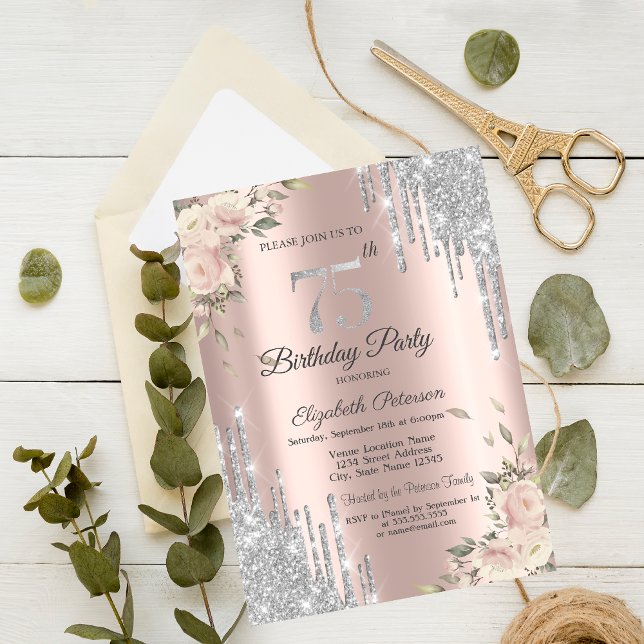 Invitación Destellos que Gotean, Flores Rosa Dorado Cumpleaño (Subido por el creador)