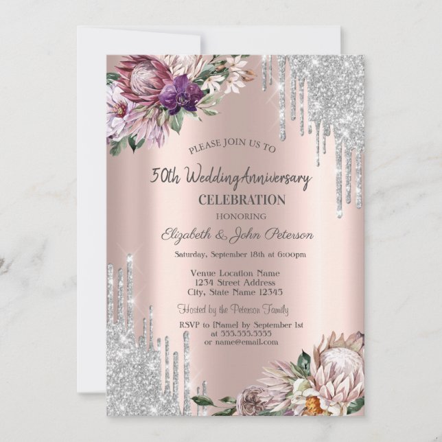 Invitación Destellos que gotean, Flores Tropicales Boda Rosa  (Anverso)