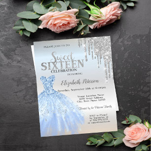 Invitación Destellos que gotean, Vestido azul Dulces 16 plate