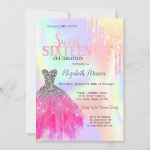 Invitación Destellos, Vestido Chic Holográfico Cumpleaños Dul