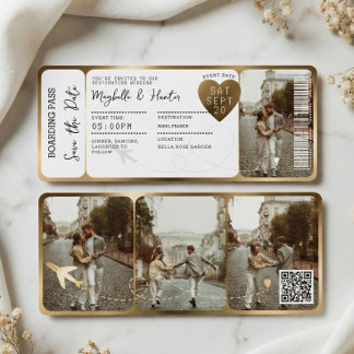 Invitación Destination Wedding Boarding Pass Gold Ticket QR