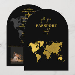 Invitación Destination Wedding World Passport Black Gold