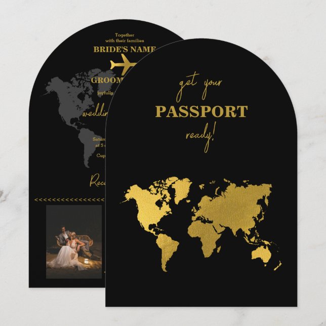 Invitación Destination Wedding World Passport Black Gold (Anverso / Reverso)