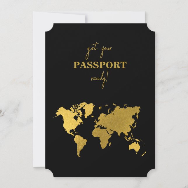 Invitación Destination Wedding World Passport Black Gold (Anverso)