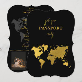 Invitación Destination Wedding World Passport Black Gold