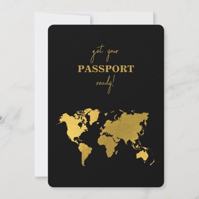 Invitación Destination Wedding World Passport Black Gold (Anverso)