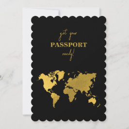 Invitación Destination Wedding World Passport Black Gold