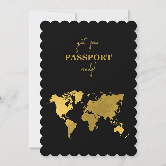 Invitación Destination Wedding World Passport Black Gold (Anverso)