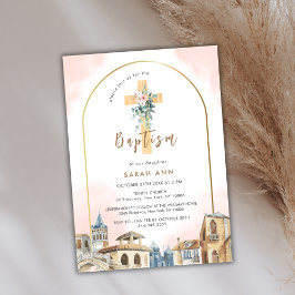 Invitación Destino Arco Eucalipto Floral Baptismo Cruzado