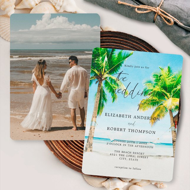 Invitación Destino Boda fotográfico de palmeras de playa trop (Subido por el creador)